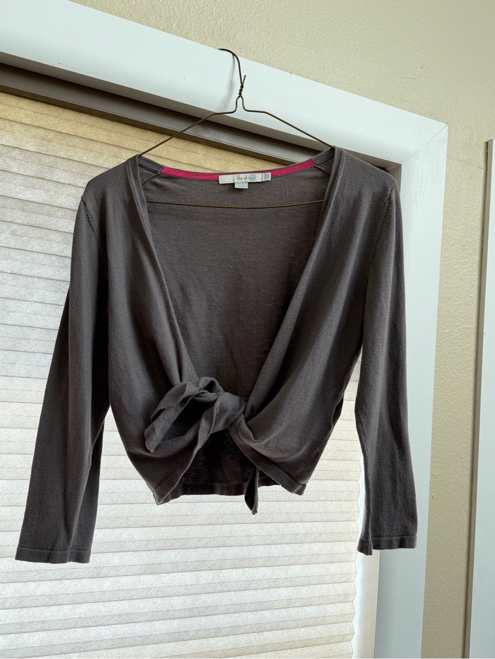 Boden Charcoal Gray Tie-Front Cardigan with Pink Neck Trim